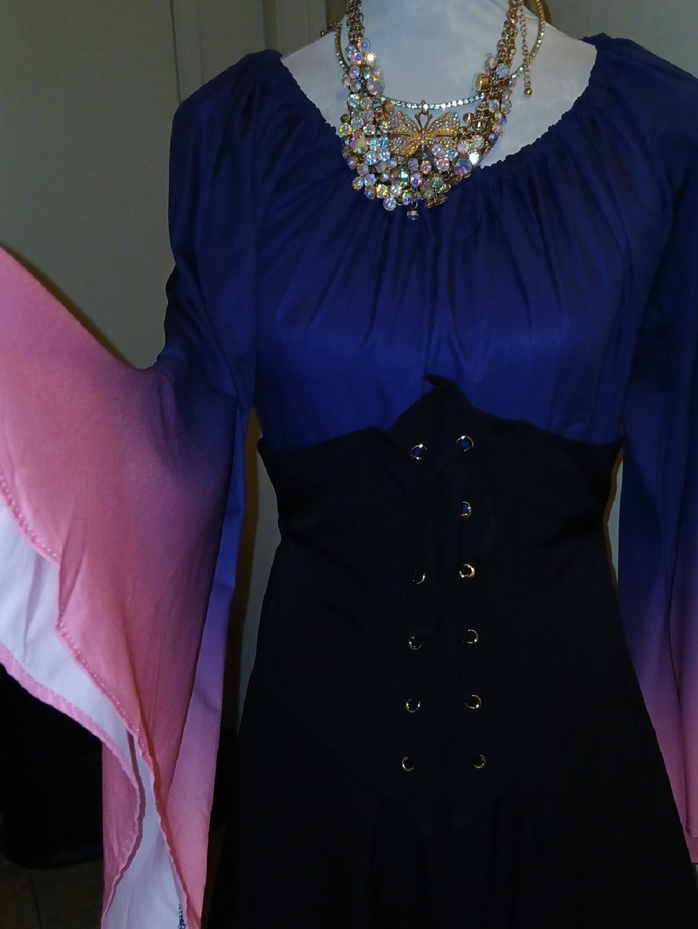 Purple Ombre Bell Sleeve Dress with Black Lace-Up Waist